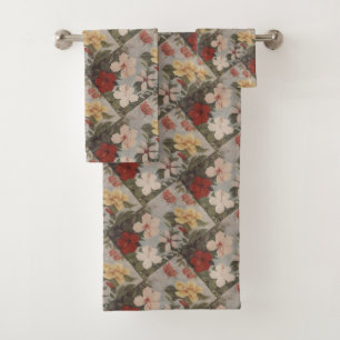 Vintage Hibiscus Flowers Floral Red Pink Yellow Ba Bath Towel Set