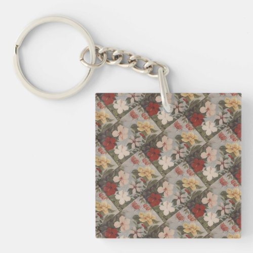 Vintage Hibiscus Flowers Floral Red Pink Yellow    Keychain