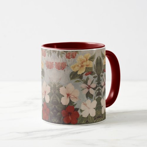 Vintage Hibiscus Flowers Floral Red Pink Yellow Mug