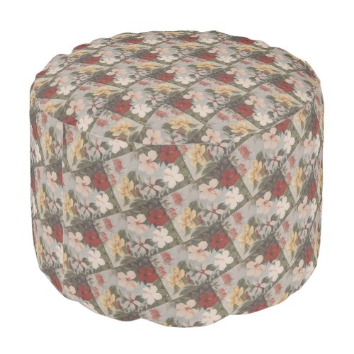 Vintage Hibiscus Flowers Floral Red Pink Yellow   Pouf