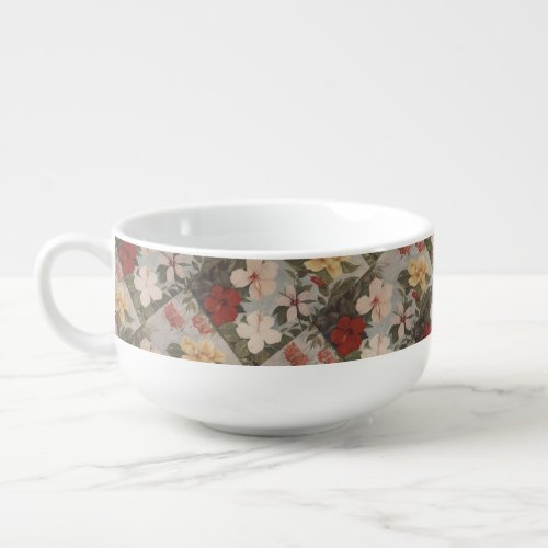 Vintage Hibiscus Flowers Floral Red Pink Yellow    Soup Mug