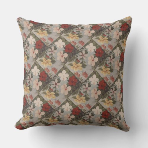 Vintage Hibiscus Flowers Floral Red Pink Yellow  Throw Pillow
