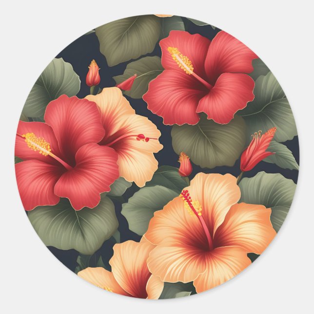 Vintage Hibiscus Flowers Pattern Classic Round Sticker (Front)