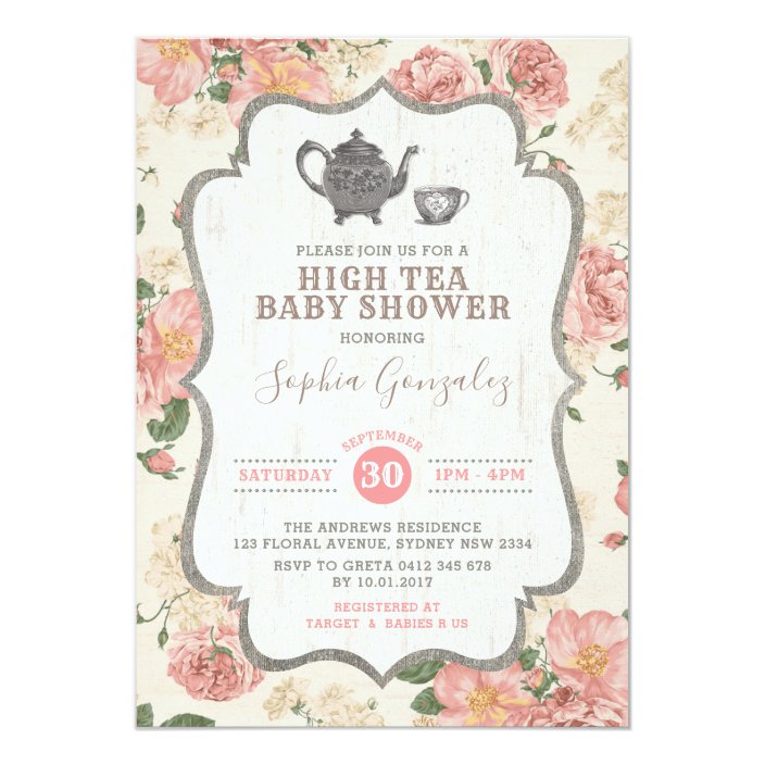 Vintage High Tea Baby Shower Pink Floral Rustic Invitation Zazzle