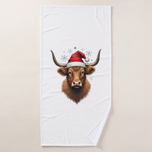 Vintage Highland Cow Christmas Design with Santa H Bath Towel