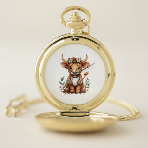 Vintage Highland Cow Coffee Lover Watercolor Cute Pocket Watch