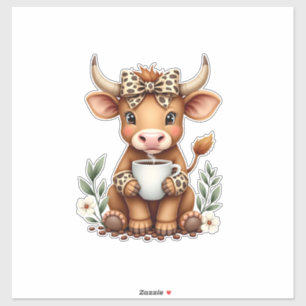 Vintage Highland Cow Coffee Lover Watercolor Cute Sticker
