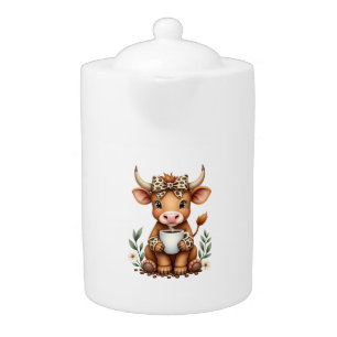 Vintage Highland Cow Coffee Lover Watercolor Cute Teapot