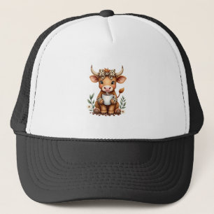Vintage Highland Cow Coffee Lover Watercolor Cute  Trucker Hat