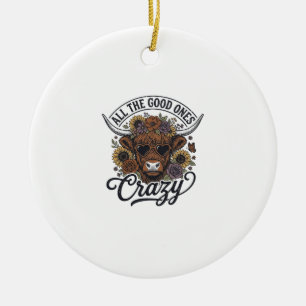 Vintage Highland Cow Floral Crazy Quote Design_1 Ceramic Ornament