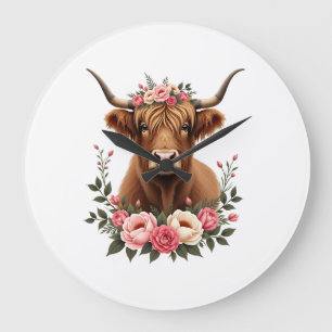 Vintage Highland Cow Floral Crown Boho Farmhouse A Large Clock