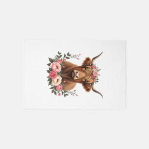 Vintage Highland Cow Floral Crown Boho Farmhouse A Rug