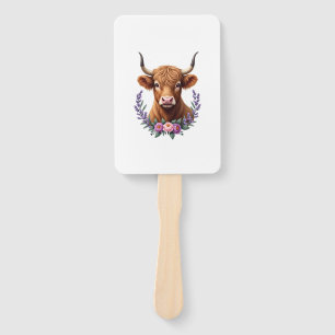Vintage Highland Cow Floral Wreath Cute Rustic Far Hand Fan