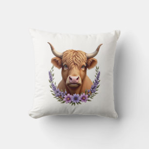 Vintage Highland Cow Floral Wreath Cute Rustic Far Throw Pillow