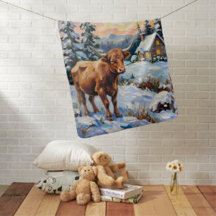 Vintage Highland Cow in Snowy Christmas Meadow Baby Blanket