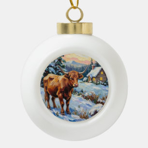 Vintage Highland Cow in Snowy Christmas Meadow Ceramic Ball Christmas Ornament
