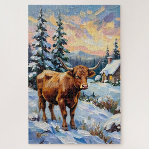 Vintage Highland Cow in Snowy Christmas Meadow Jigsaw Puzzle