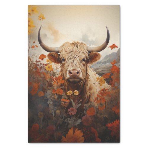 Vintage Highland Cow in Wildflowers Decoupage Tissue Paper