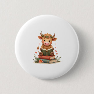 Vintage Highland Cow Reading Books Floral Cute Boo Button
