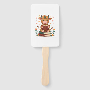 Vintage Highland Cow Reading Books Floral Cute Boo Hand Fan
