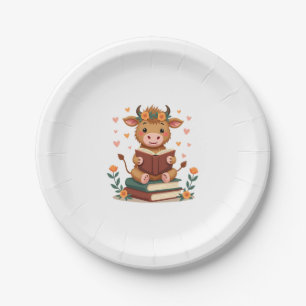 Vintage Highland Cow Reading Books Floral Cute Boo Paper Plates