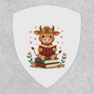 Vintage Highland Cow Reading Books Floral Cute Boo Patch
