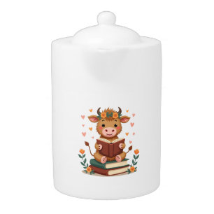 Vintage Highland Cow Reading Books Floral Cute Boo Teapot