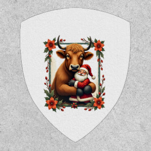 Vintage Highland Cow Santa Hug Christmas Rustic Fa Patch