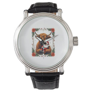 Vintage Highland Cow Santa Hug Christmas Rustic Fa Watch