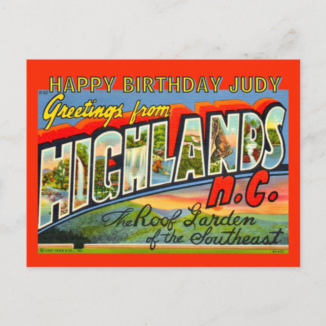 Vintage Highlands NC Birthday Postcard (Front)