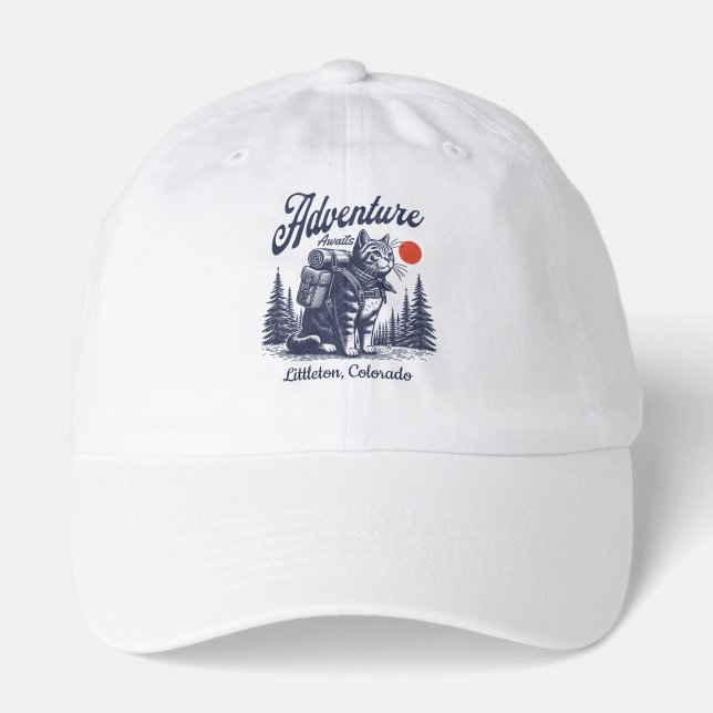 Vintage Hiking Cat Adventure Awaits Custom Town Hat (Front)