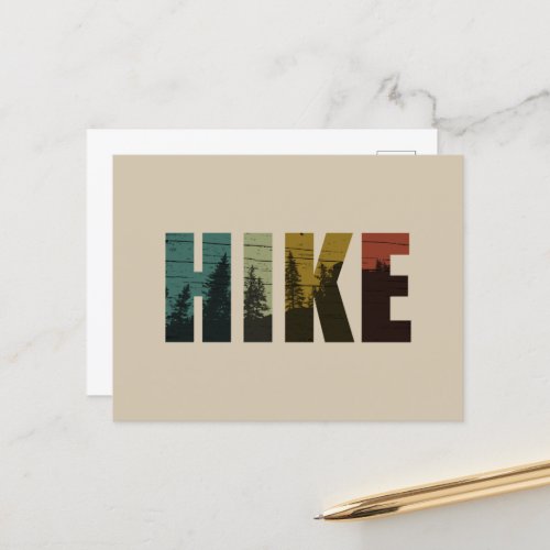 Vintage hiking hikers hike with pine trees holiday postcard