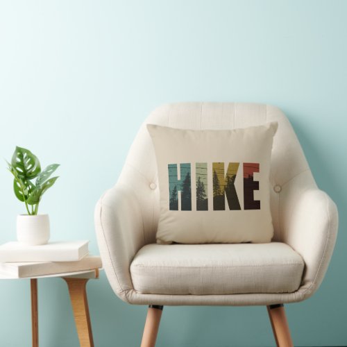 Vintage hiking hikers hike with pine trees throw pillow
