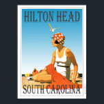 Vintage Hilton Head Beach Scene Poster<br><div class="desc">A retro poster that never was until now. A creative redo of an old poster that should have been. Hilton Head Beach in retro style from the art deco era. Bright colors with a woman on the beach under a blue sky.</div>