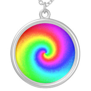 Vintage Hippie Boho Tie Dye Psychedelic Twirl Silver Plated Necklace