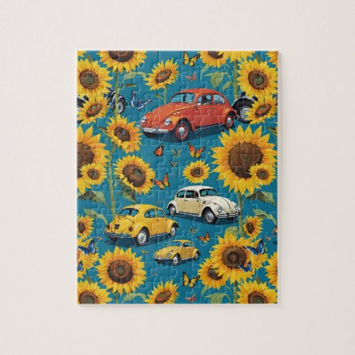 Vintage Hippie Bug Sunflowers Butterflies Teal Jigsaw Puzzle