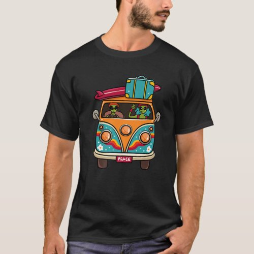 Vintage Hippie Van Flower Bus Aliens Peace Sign T_Shirt