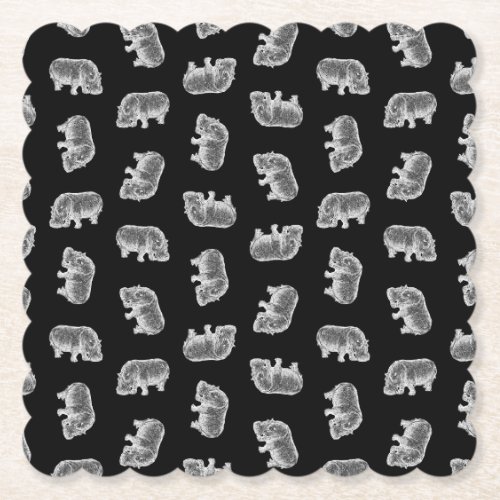 Vintage Hippo Print Pattern Hippopotamus Art Black Paper Coaster