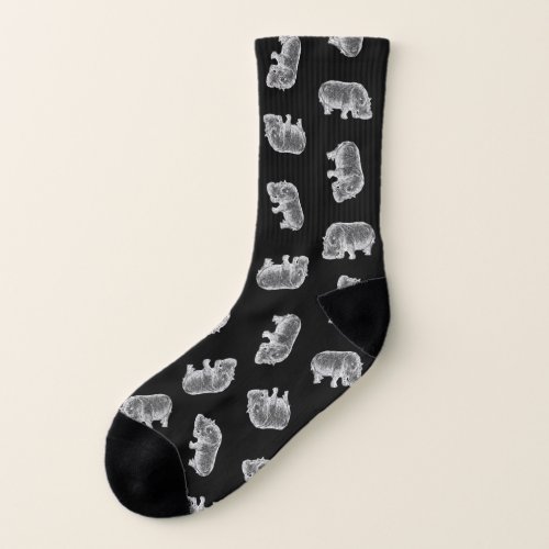 Vintage Hippo Print Pattern Hippopotamus Art Black Socks