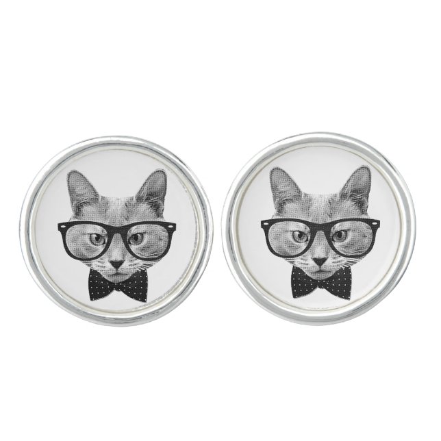 Vintage hipster cat cufflinks (Front)