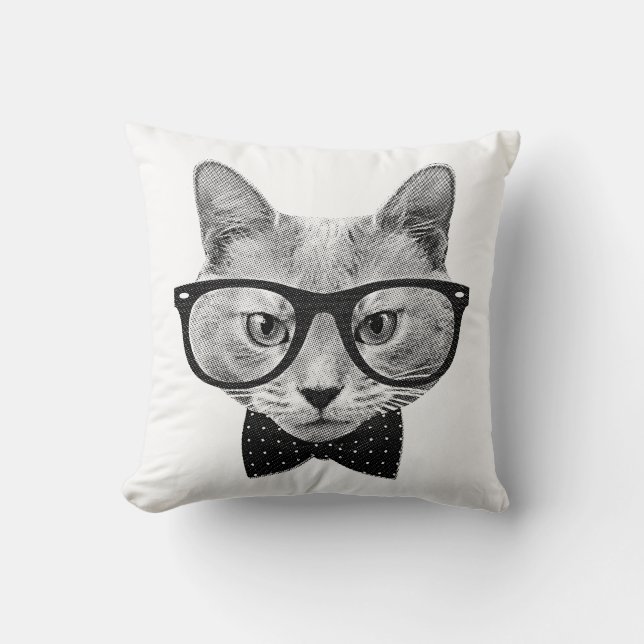 Vintage hipster cat throw pillow (Front)