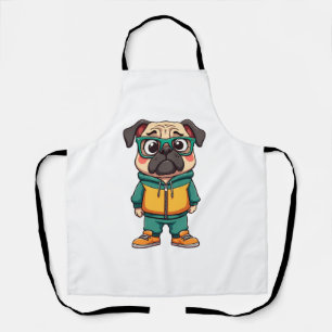 Vintage Hipster Pug Dog Cartoon Streetwear Graphic Apron