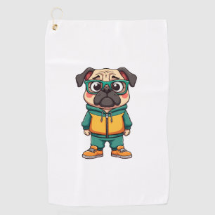 Vintage Hipster Pug Dog Cartoon Streetwear Graphic Golf Towel