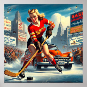 Vintage Hockey Girl Poster