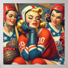 Vintage Hockey Girls Illustration Poster