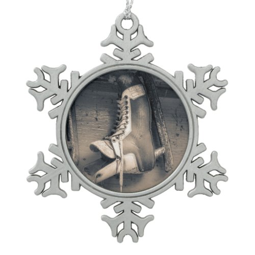 Vintage hockey skate snowflake pewter christmas ornament