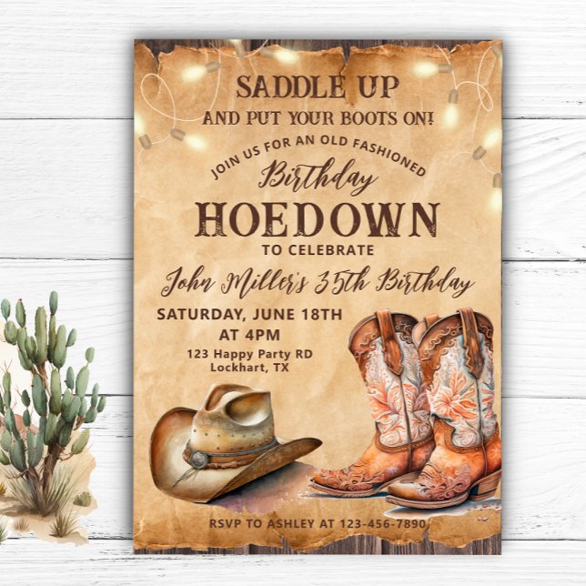 Vintage Hoedown Birthday with Cowboy Boots & Hat Invitation (Creator Uploaded)
