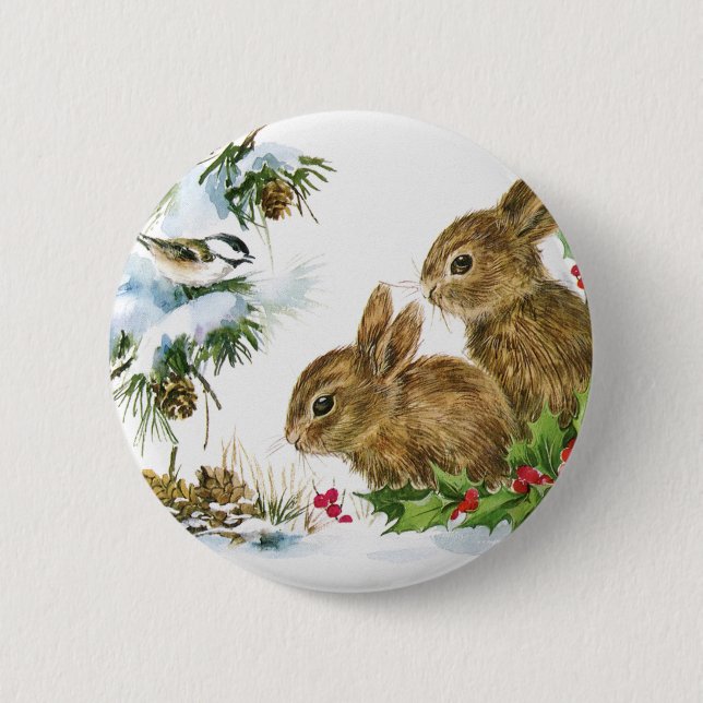 Vintage Holiday Bird and Bunnies Button (Front)