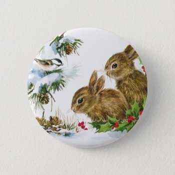 Vintage Holiday Bird And Bunnies Button by Kinder_Kleider at Zazzle