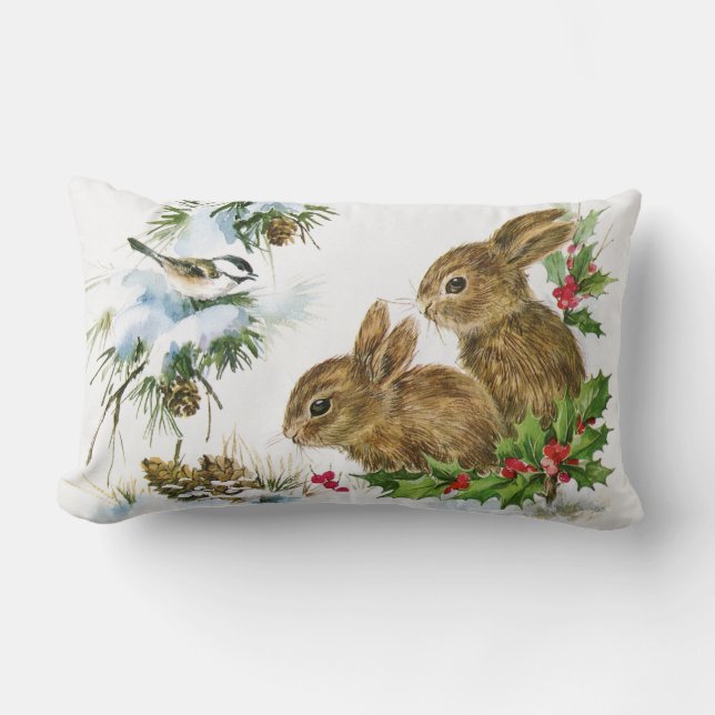 Vintage Holiday Bird and Bunnies Lumbar Pillow (Front)